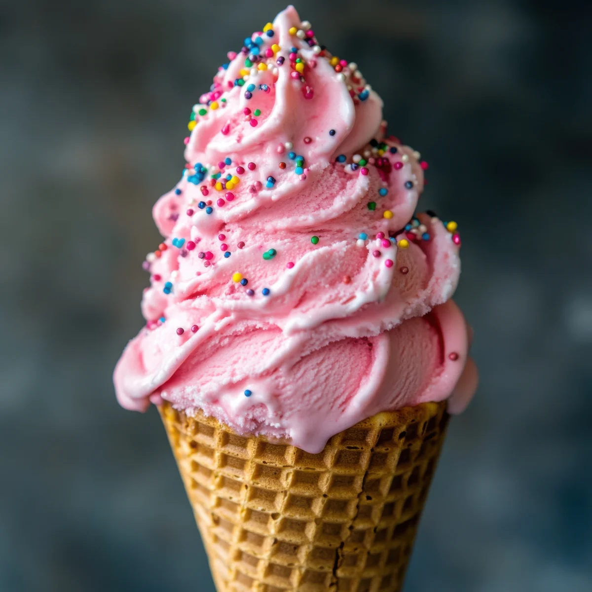 Helado suave artesanal cremoso de vainilla servido en cono con toppings y chocolate derretido en Que Delicious